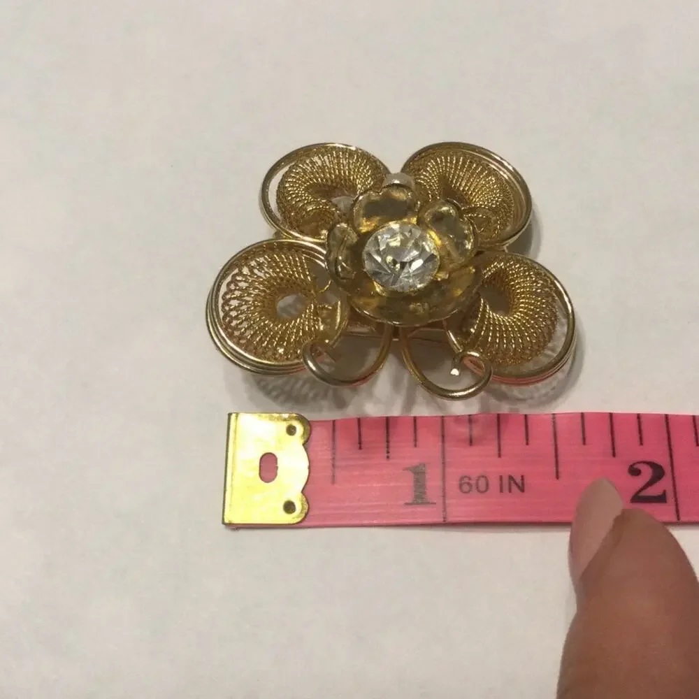 Vtg Butterfly‎ brooch wire pin gold gem rhinestone MCM fashion jewelry granola